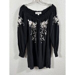 Fifteen Twenty Dress Womens S Black Silk Off Shoulder Floral Embroidered Tunic